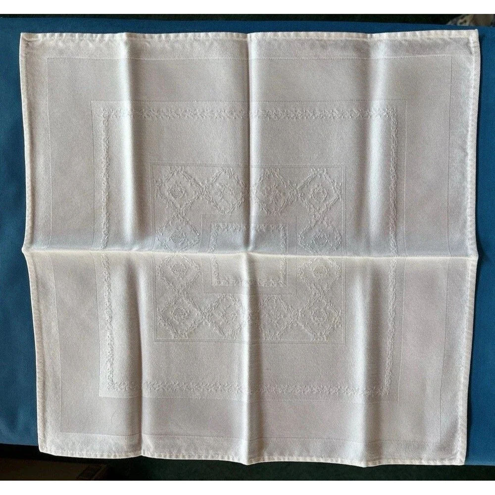 Vtg Set of 12 White Damask Linen Dinner Napkins Country Geometric 15